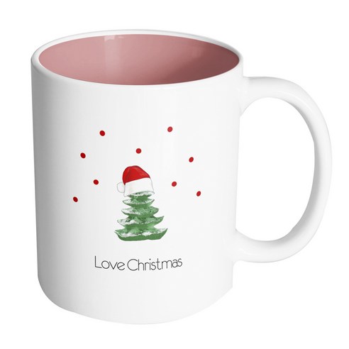 핸드팩토리 그린트리산타모자 러브 크리스마스 머그컵, 내부 파스텔 핑크, 1개