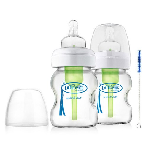 닥터브라운 와이드넥 옵션스 유리 젖병 150ml x 2p + 크리닝 브러쉬, 1단계(0~3개월), 혼합 색상