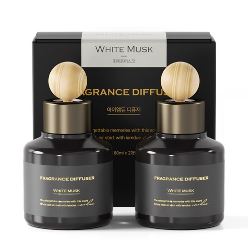 아이엠듀 퍼퓸 차량용 방향제 디퓨저 80mL 2개 + 우드볼스틱 2개, 화이트머스크, 1세트