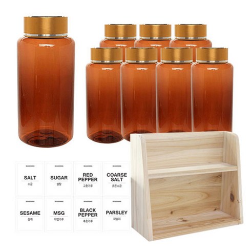 병도매닷컴 갈색 원형 PET 양념통 세트, 1세트, 갈색원형PET양념통 200ml x 8p + 금속골드캡 8p + 라벨스티커 8p + 오픈2단 선반