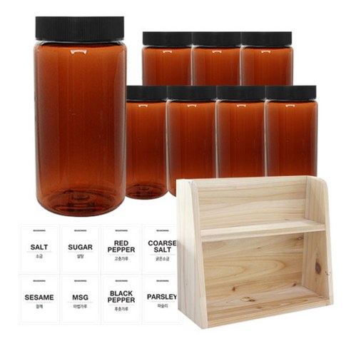 병도매닷컴 갈색 원형 PET 양념통 세트, 1세트, 갈색원형PET양녕통 350ml x 8p + 검정캡 8p + 라벨스티커 8p + 오픈 2단 선반