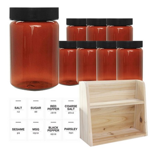 병도매닷컴 갈색 원형 PET 양념통 세트, 1세트, 갈색원형PET양녕통 250ml x 8p + 검정캡 8p + 라벨스티커 8p + 오픈 2단 선반