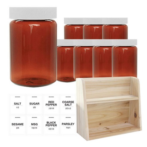 병도매닷컴 갈색 원형 PET 양념통 세트, 1세트, 갈색원형PET양녕통 250ml x 8p + 흰색캡 8p + 라벨스티커 8p + 오픈 2단 선반