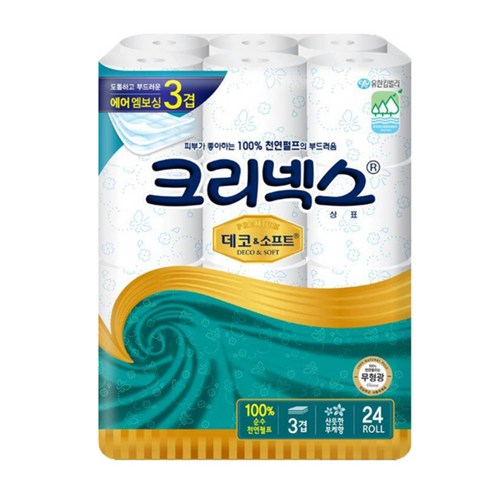 크리넥스 천연 펄프 데코 & 소프트 3겹 화장지 30m, 24롤, 1팩