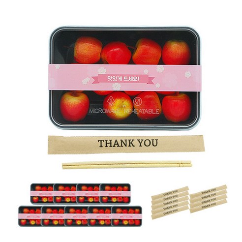 도나앤데코 PP내열 도시락용기 블랙한칸 10p + 맛있게드세요 벚꽃띠지 스티커 핑크 10p + 크라프트 대나무젓가락 땡큐 10p, 1세트, 용기하단 10p + 뚜껑 10p + 띠지스티커 10p + 젓가락 10p