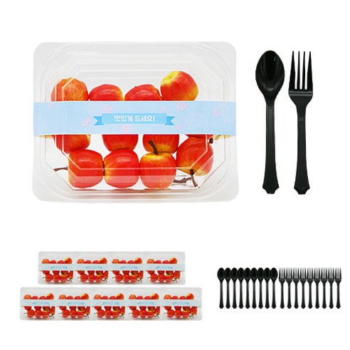 도나앤데코 투명사각 도시락용기 한칸 10p + 맛있게드세요 벚꽃띠지 스티커 블루 10p + 검정스푼 10p + 포크 10p, 1세트