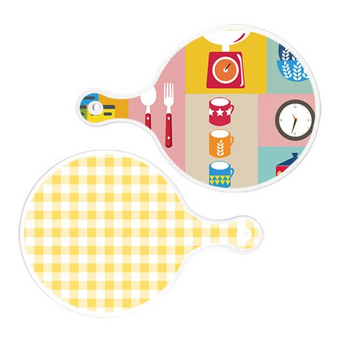 로엠디자인 서빙 원형 도마 보드 2p 주방패턴 세트, 주방패턴, 체크파스텔옐로우, 1세트