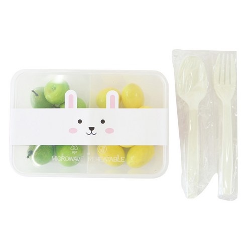 황씨네도시락 PP내열도시락 2칸 50p + 토끼 띠지 50p + 크림스푼 25p + 크림포크 25p, 1세트