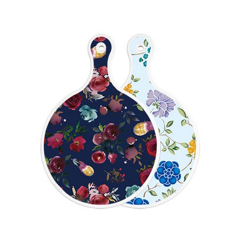 로엠디자인 양면 원형 서빙 도마 보드 블루톤플라워, 로맨틱블루floral비색, 1개