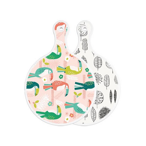 로엠디자인 양면 원형 서빙 도마 보드 구관조핑크, 나무라인아트웍, 1개