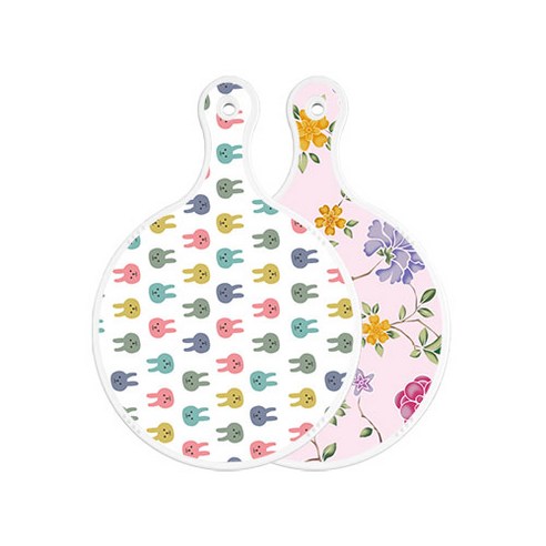 로엠디자인 양면 원형 서빙 도마 토끼, 로맨틱레드floral연분홍색, 1개