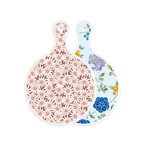 로엠디자인 양면 원형 서빙 도마 자색플라워패턴, 로맨틱블루floral비색, 1개