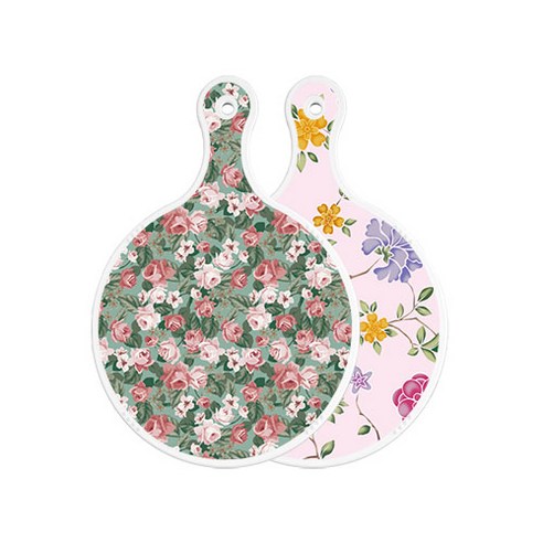 로엠디자인 양면 원형도마 흑록색가든플라워, 로맨틱레드floral연분홍색, 1개