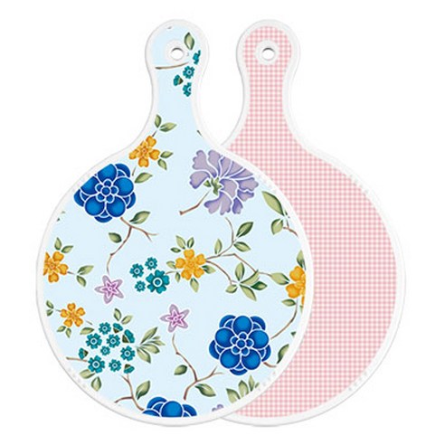 로엠디자인 양면 원형 서빙 도마 보드 로맨틱블루floral비색, 훈색체크, 1개