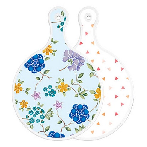 로엠디자인 양면 원형 서빙 도마 보드 로맨틱블루floral비색, 행황색삼각패턴, 1개