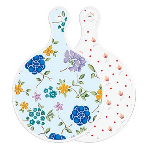 로엠디자인 양면 원형 서빙 도마 보드 로맨틱블루floral비색, 홍황색플라워, 1개