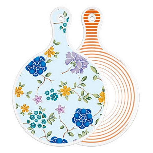 로엠디자인 양면 원형 서빙 도마 보드 로맨틱블루floral비색, 배추라인주황, 1개