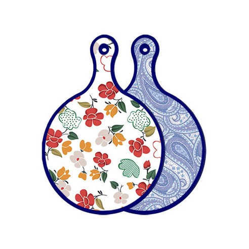 로엠디자인 블루에디션 양면 디자인 원형 서빙도마 floral목련패턴, 청백색라인아트, 1개