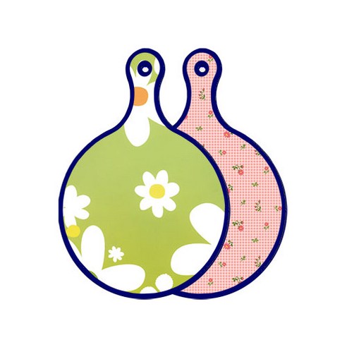 로엠디자인 블루에디션 양면 원형 서빙 도마 floral design하얀개나리, 핑크플라워체크, 1개