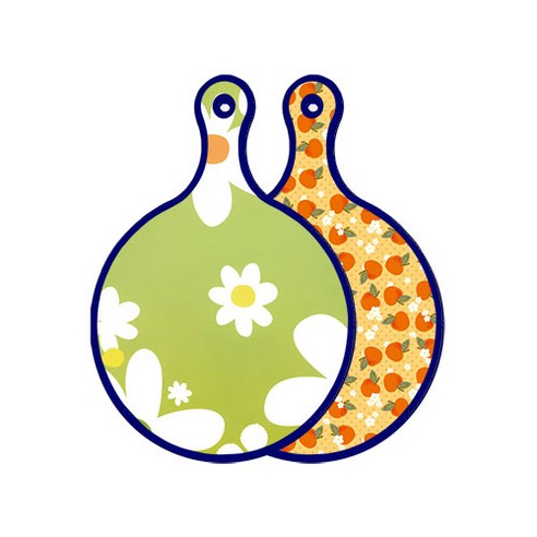 로엠디자인 블루에디션 양면 원형 서빙 도마 floral design하얀개나리, 오렌지복숭아, 1개