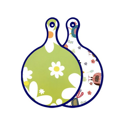 로엠디자인 블루에디션 양면 원형 서빙 도마 floral design하얀개나리, 닭패턴, 1개