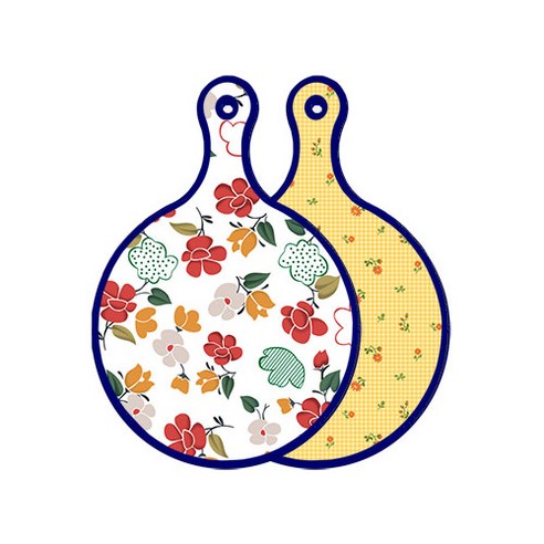 로엠디자인 블루에디션 양면 디자인 원형 서빙도마 floral목련패턴, 치자색플라워체크, 1개