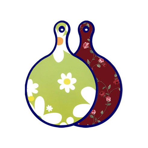 로엠디자인 블루에디션 양면 원형 서빙 도마 floral design하얀개나리, 장미적색, 1개