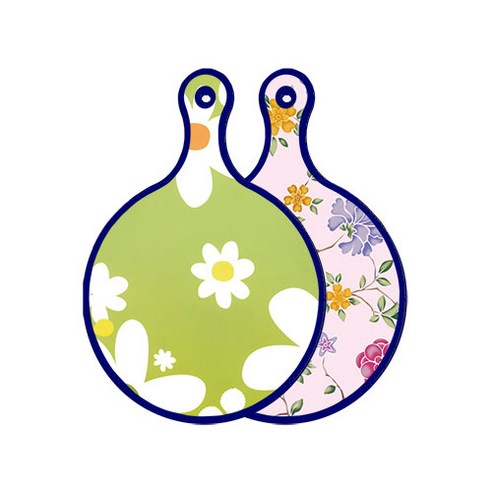 로엠디자인 블루에디션 양면 원형 서빙 도마 floral design하얀개나리, 로맨틱레드floral연분홍색, 1개