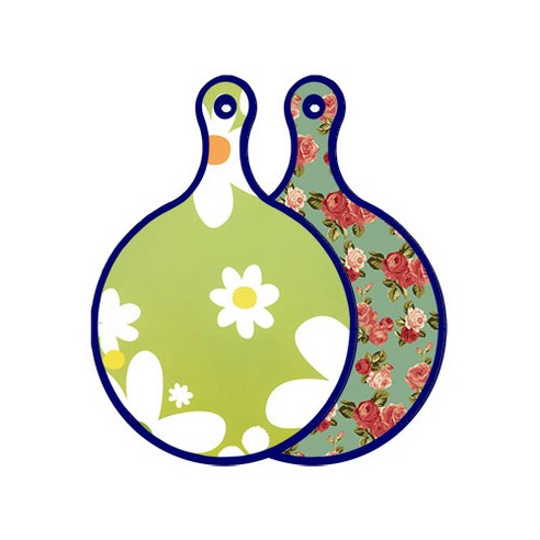 로엠디자인 블루에디션 양면 원형 서빙 도마 floral design하얀개나리, 취람색장미, 1개