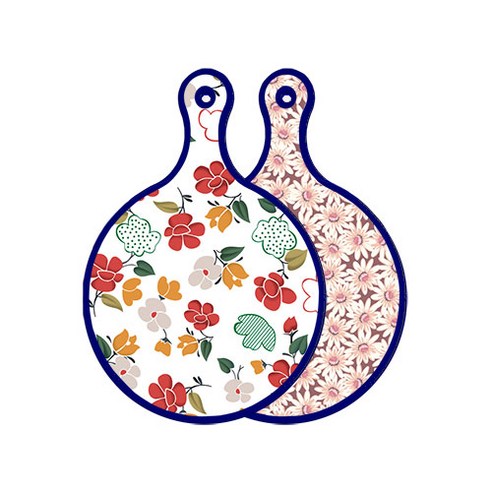 로엠디자인 블루에디션 양면 디자인 원형 서빙도마 floral목련패턴, 자색플라워패턴, 1개