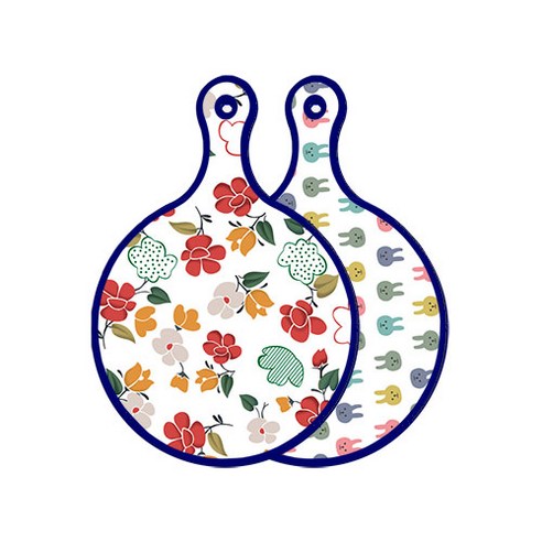 로엠디자인 블루에디션 양면 디자인 원형 서빙도마 floral목련패턴, 토끼, 1개