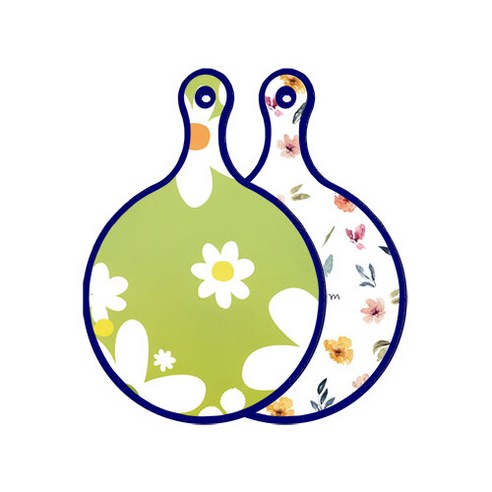 로엠디자인 블루에디션 양면 원형 서빙 도마 floral design하얀개나리, 파스텔플라워패턴, 1개