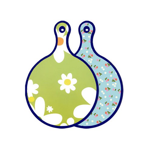 로엠디자인 블루에디션 양면 원형 서빙 도마 floral design하얀개나리, 천청색체리, 1개