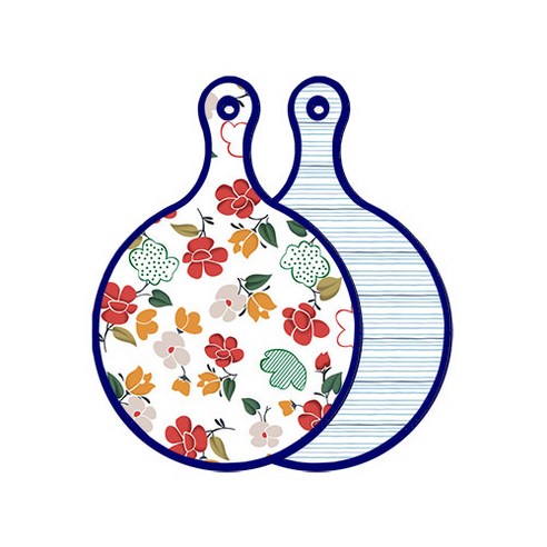 로엠디자인 블루에디션 양면 디자인 원형 서빙도마 floral목련패턴, 삼청색라인, 1개