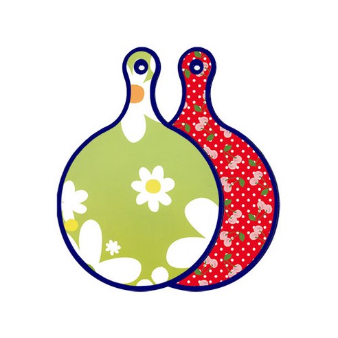 로엠디자인 블루에디션 양면 원형 서빙 도마 floral design하얀개나리, 레드체리, 1개
