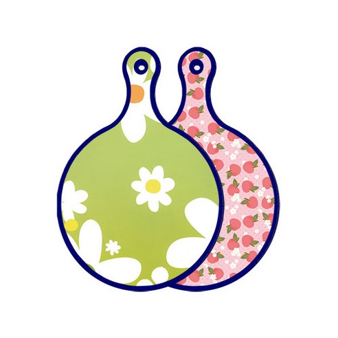 로엠디자인 블루에디션 양면 원형 서빙 도마 floral design하얀개나리, 핑크복숭아, 1개