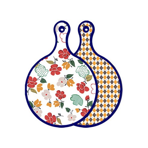 로엠디자인 블루에디션 양면 디자인 원형 서빙도마 floral목련패턴, 잉글랜드행황색체크, 1개