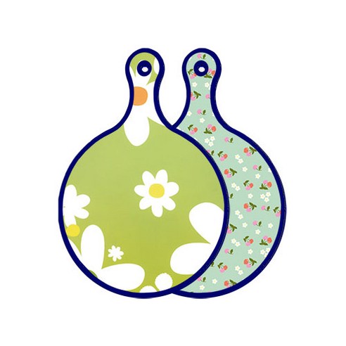 로엠디자인 블루에디션 양면 원형 서빙 도마 floral design하얀개나리, 비색체리, 1개