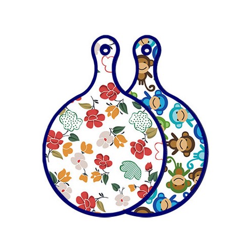 로엠디자인 블루에디션 양면 원형 서빙 도마 floral 목련 패턴, 원숭이, 1개