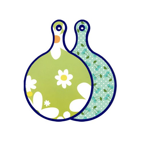 로엠디자인 블루에디션 양면 원형 서빙 도마 floral design하얀개나리, 옥색체리, 1개