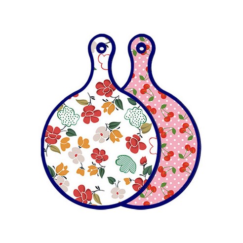 로엠디자인 블루에디션 양면 원형 서빙 도마 floral 목련 패턴, 핑크체리, 1개