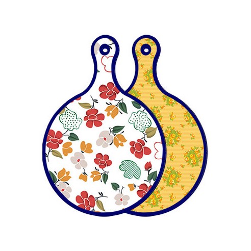 로엠디자인 블루에디션 양면 원형 서빙 도마 floral 목련 패턴, 오렌지넝쿨로즈, 1개