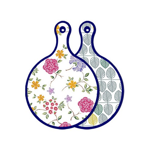 로엠디자인 블루 에디션 양면 원형 서빙 도마 보드 로맨틱레드floral화이트, 나뭇잎패턴, 1개