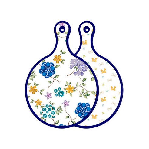 로엠디자인 블루 에디션 양면 원형 서빙 도마 보드 로맨틱블루floral화이트, 리본, 1개