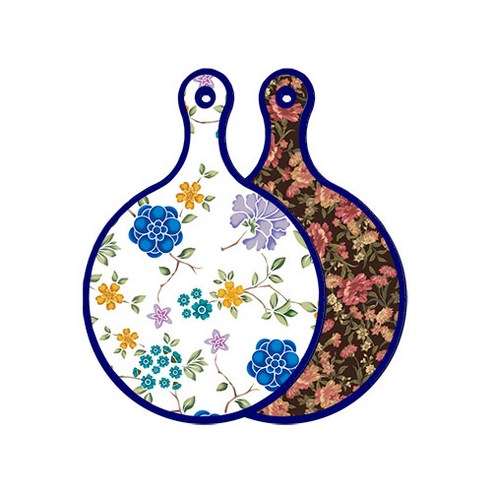 로엠디자인 블루 에디션 양면 원형 서빙 도마 보드 로맨틱블루floral화이트, 블랙가든아트, 1개