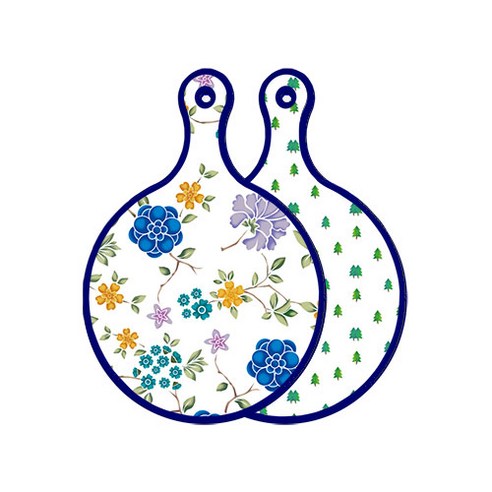 로엠디자인 블루 에디션 양면 원형 서빙 도마 보드 로맨틱블루floral화이트, 소나무아트웍, 1개