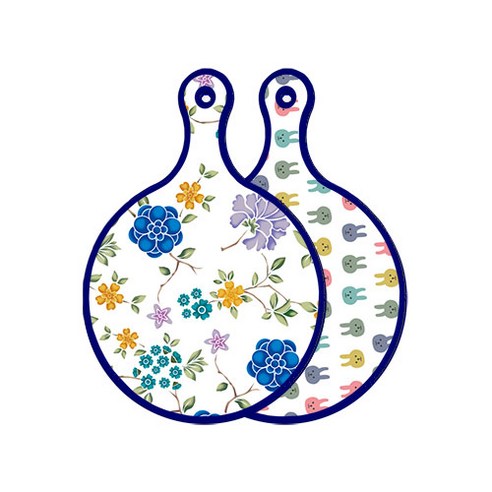 로엠디자인 블루 에디션 양면 원형 서빙 도마 보드 로맨틱블루floral화이트, 토끼, 1개