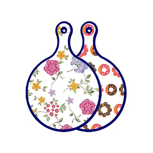 로엠디자인 블루 에디션 양면 원형 서빙 도마 보드 로맨틱레드floral화이트, 초코도넛, 1개