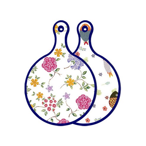 로엠디자인 블루 에디션 양면 원형 서빙 도마 보드 로맨틱레드floral화이트, 물고기패턴, 1개