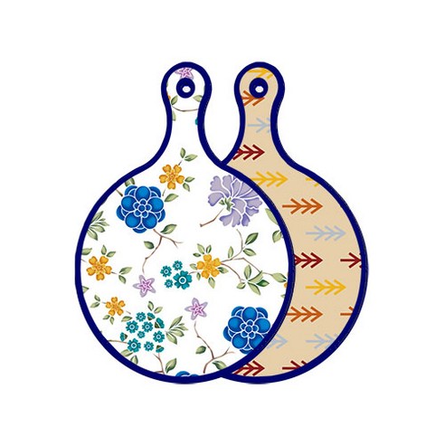 로엠디자인 블루 에디션 양면 원형 서빙 도마 보드 로맨틱블루floral화이트, 소나무두목색, 1개